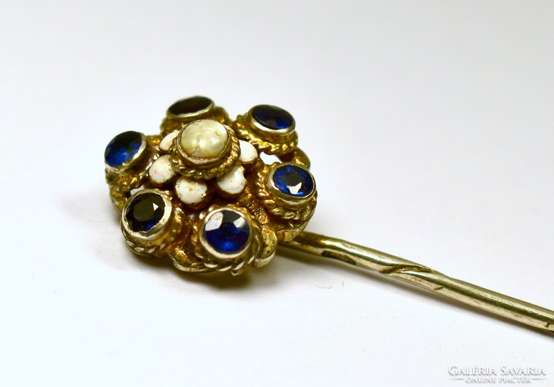 Antique silver hat pin with sapphires and pearls!