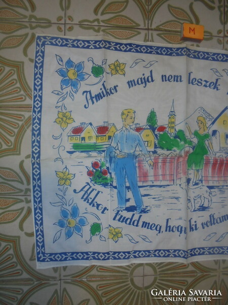 Old, printed pattern, scene, kitchen wall protector with the inscription 