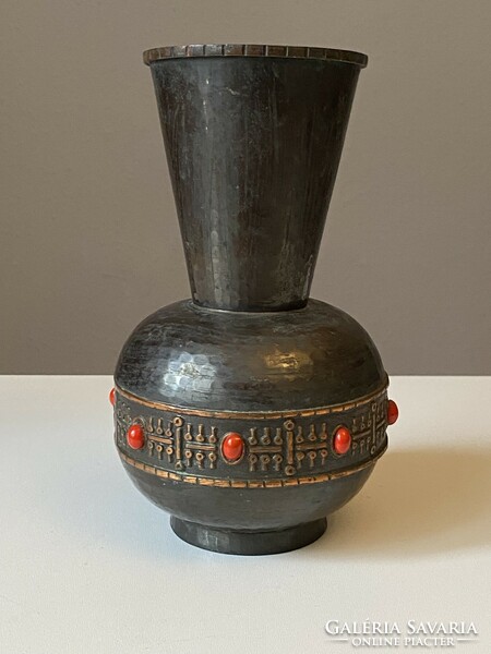 Retro copper industrial art vase inlaid with red decorations 20.5 Cm