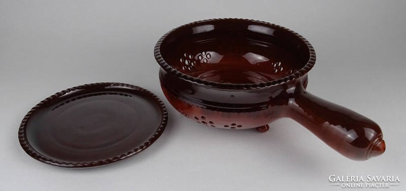 1O955 brown glazed earthenware pot with footed filter and saucer plate