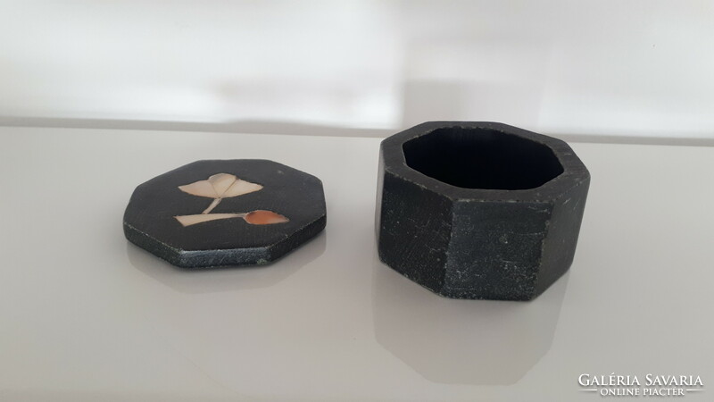 Carved black mineral ring holder with mother-of-pearl inlay