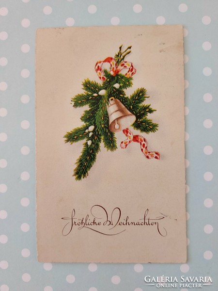Old postcard Christmas postcard pine branch bell