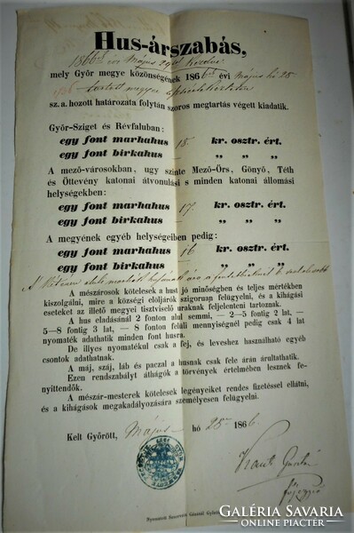 Győr county official meat price list (Győr, May 1866, with seal)