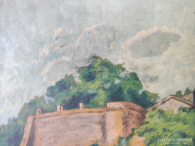 Fodor L.  Templomtorony látkép a várfal tövében olaj festmény