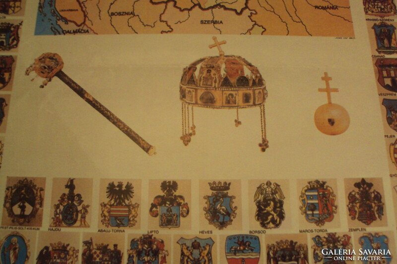 Hungarian historical map--coronation jewels and coats of arms of 64 counties from 1881-1920.-Color copy.