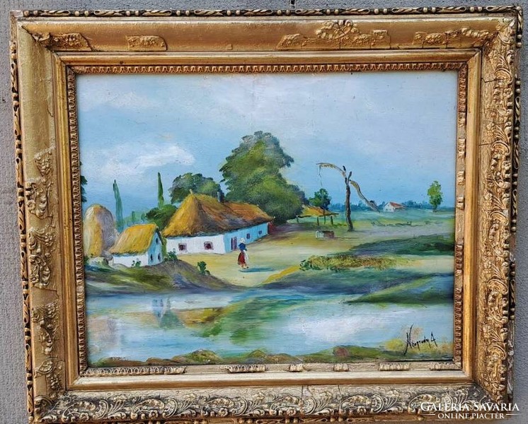Antik festmény ,életkép, tanyán.