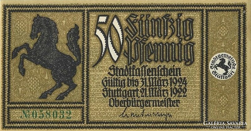 50 pfennig 1922 Stuttgart UNC zöld sorszám