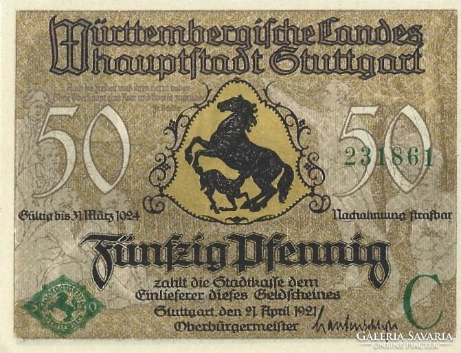 50 pfennig 1921 Stuttgart UNC "C" jelű zöld sorszám