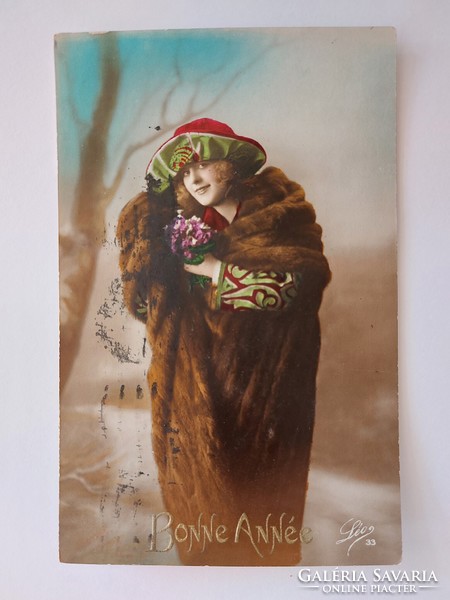 Régi újévi képeslap női fotó levelezőlap