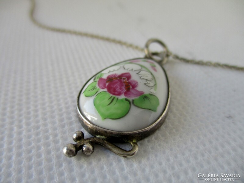 Old silver necklace with beautiful hand-painted porcelain pendant