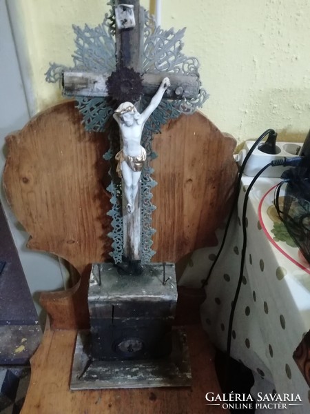 Antique crucifix with musical cylinder and clock needs restoration 62 cm