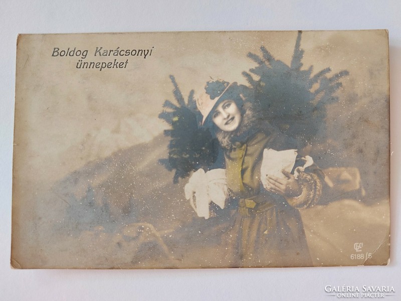 Régi karácsonyi képeslap 1921 női fotó levelezőlap