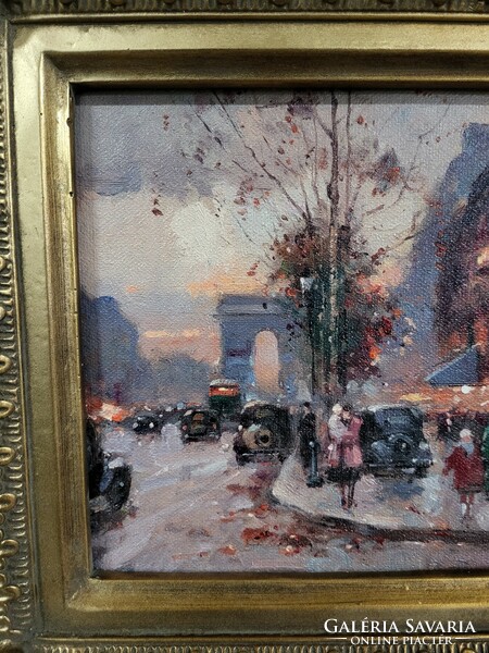 Winter street scene oil on canvas painting
