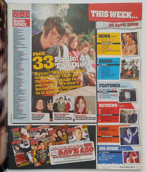NME magazin 06/4/29 Arctic Monkeys Jarvis Cocker Grindie Red Hot CP NY Dolls Giant Drag Panic Disco