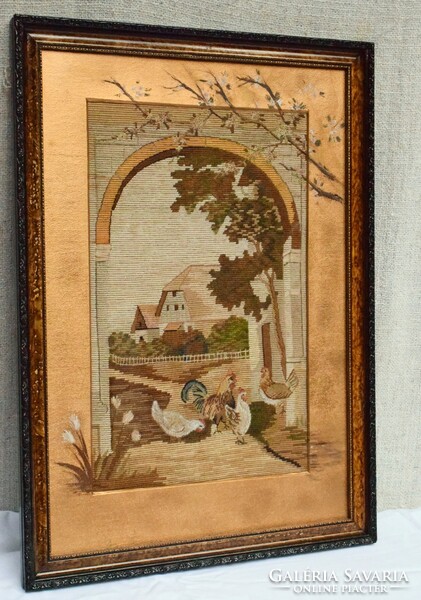 Antik selyem hímzés gobelin kép keretezett festett paszpartu 40 x 57 cm szecesszió tyúkudvar