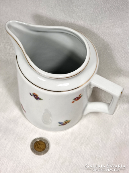 Zsolnay 0.5 l milk jug with shield seal and gold painted rim with flower pattern.
