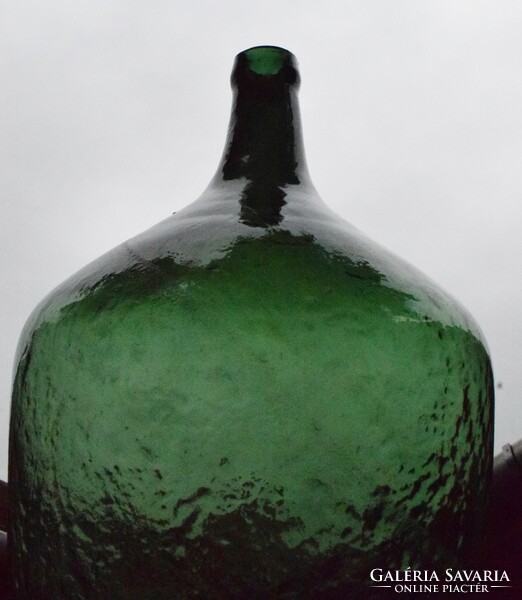 Antik légbuborékos zöld üveg ballon , demizson , üvegpalack 41 x 24 cm
