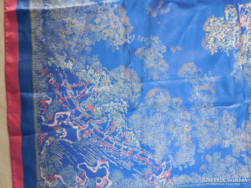 Caterpillar silk scarf with Japanese garden, pagoda decor