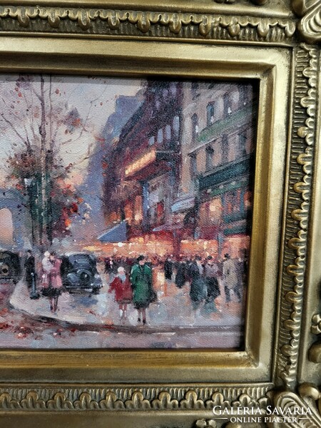 Winter street scene oil on canvas painting