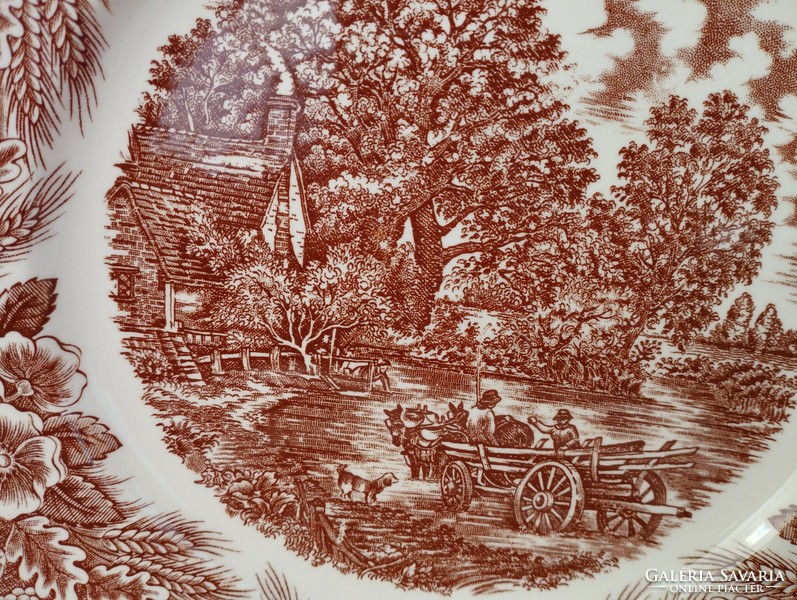 Jelenetes angol porcelán nagy lapos kínáló tál, asztalközép