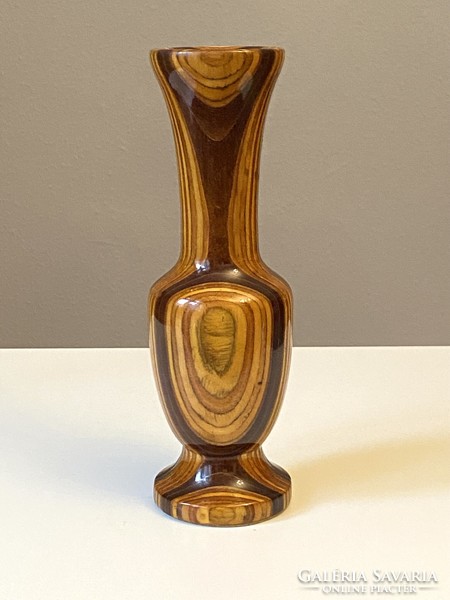 Turned retro wooden vase with an organic circular pattern made of multi-colored wood 24.5 cm.