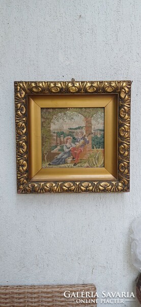 Antique windy gilded picture frame, needle tapestry with colorful masterpiece Romeo and Juliet theme, Italian style!