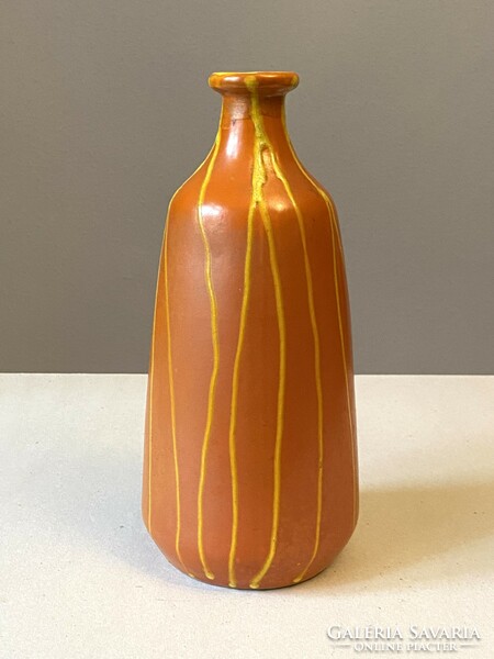 Orange painted retro ceramic vase with a squiggle pattern, 28 cm