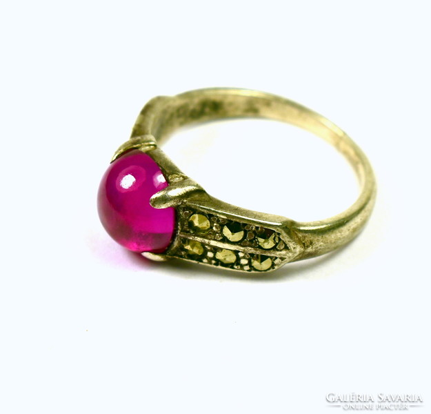 Silver ring with synthetic ruby and marcasite
