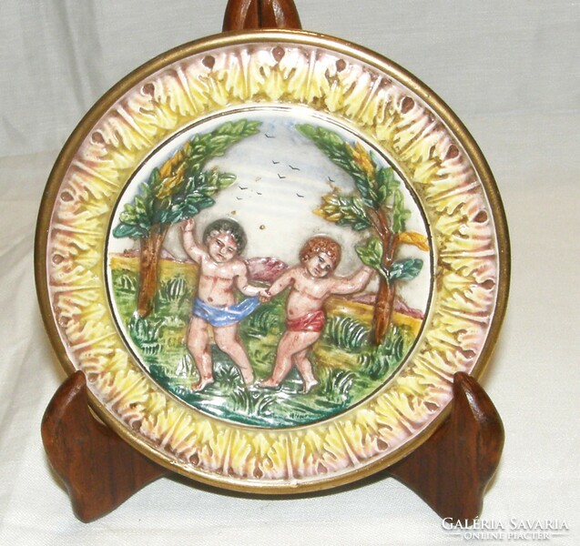 Antique putto majolica wall plate - wall decoration - 13.5 cm