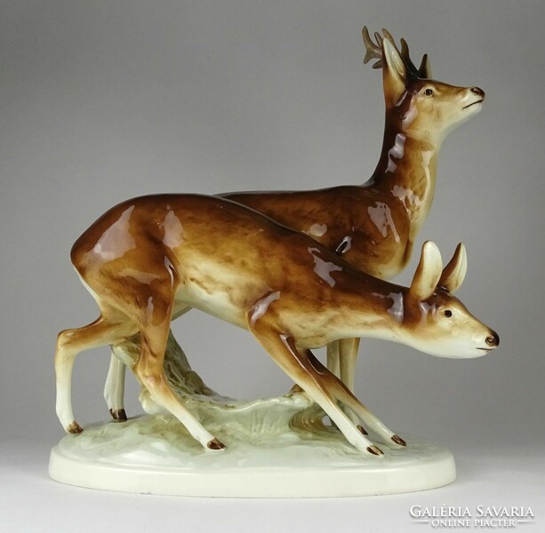 1P002 large marked Czech porcelain pair of deer on a pedestal 35.5 Cm