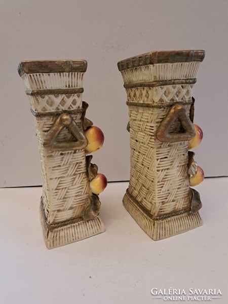 EREDETI, JELZETT!!! Antik osztrák Julius Strnact (1882-1914) fajansz/majolica páros almás váza