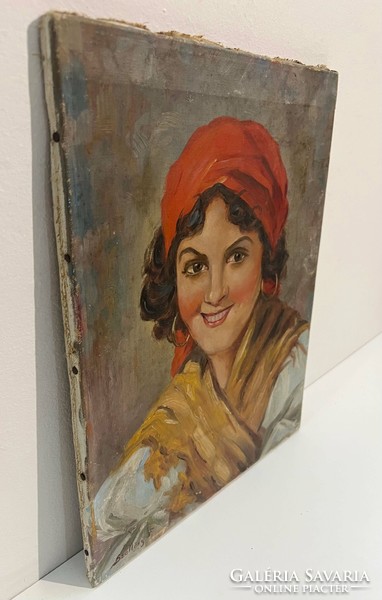 Szőllősy János (1884-?) Piros kendős nő (Erzsike), 1943 /olaj-vászon/ (számlát adunk)