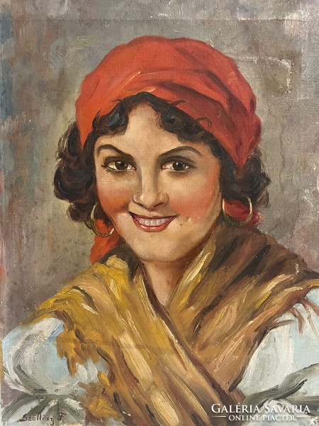 János Szőllősy (1884-?) Woman with a red scarf (erzsike), 1943 /oil on canvas/ (invoice provided)