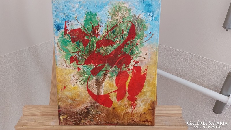 (K) Béla Hámori abstract painting with frame 27x35 cm