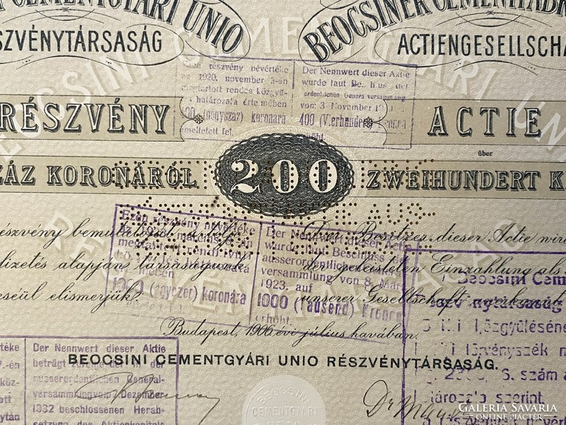 1906-OS BEOCSINI CEMENTGYÁRI UNIO RÉSZVÉNYTÁRSASÁG BEOCSINER CEMENTFABRIKEN UNION 200 KORONA