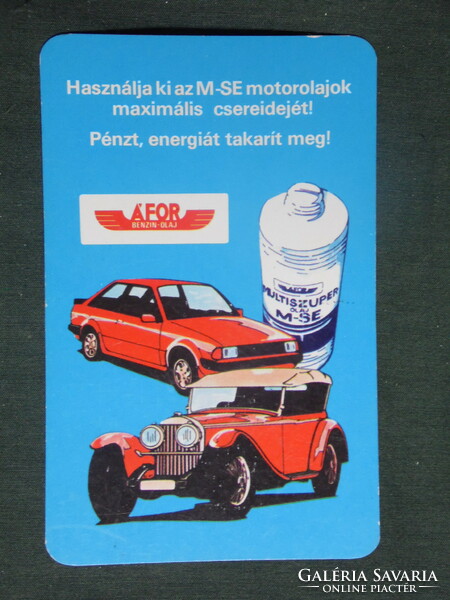Kártyanaptár, ÁFOR benzinkutak motor olaj,grafikai rajzos, veterán autó , 1982