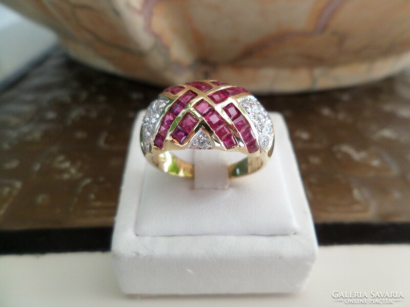 Wide gold ring with rubies and brilliants 18k