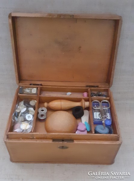Openable multi-level sewing box with accessories in old preserved condition