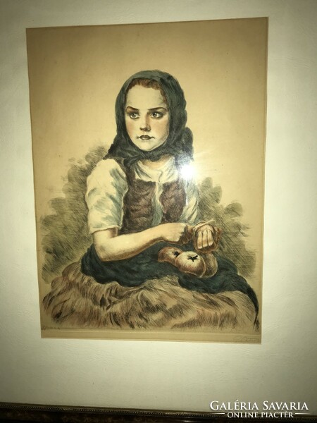 oszkár Glatz (1872-1958) istván prihoda (1891-1965) apple peeling girl colored etching,
