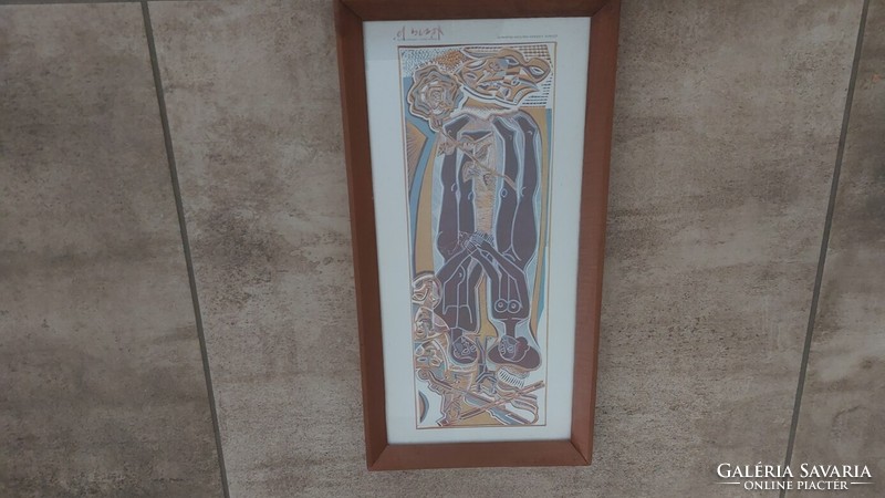 (K) rare linocut by János Józsa with a 45x23 cm frame. Ady illustration, contemporary frame.