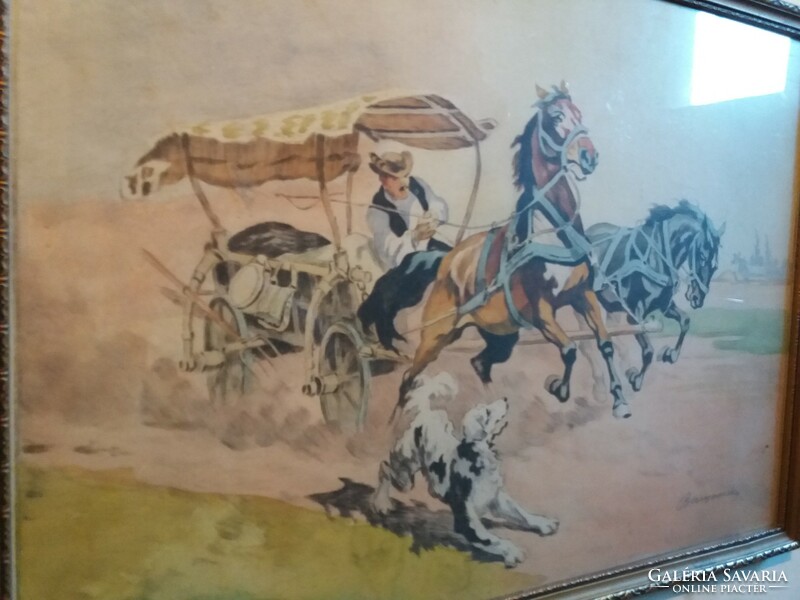 Benyovszky István (1898 - 1969) alkotása Kutyától megriadó ló festmény keret + üveg a képek szerint