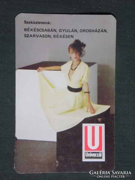 Kártyanaptár,Univerzál áruház,Békéscsaba,Orosháza,Gyula,erotikus női modell, 1985