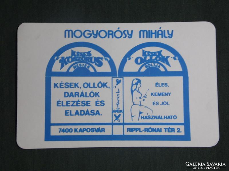 Kártyanaptár,kisipari,Mogyorósy Mihály késes köszörűs mester,Kaposvár, 1988