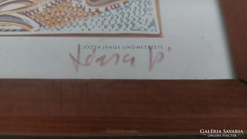 (k) Józsa János ritka linómetszete 45x23 cm kerettel. Ady illusztráció, korabeli keretében.