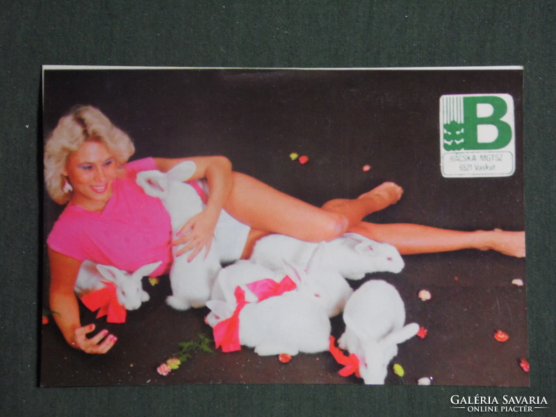 Kártyanaptár,Bácska MGTSZ,Vaskút,nyúlvágó üzem,erotikus női modell, 1986