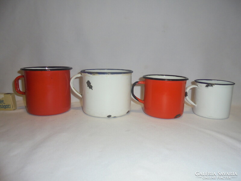 Four old, retro enamel mugs - together - for folk, peasant decoration