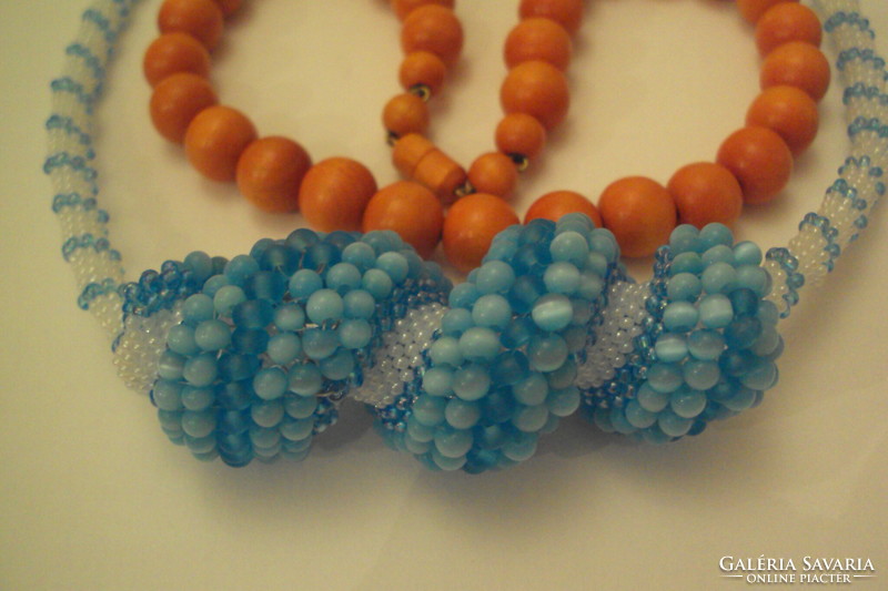 3 pcs.Bizsu (together)---special strung blue pendant pearl, orange mistletoe, carved bracelet.