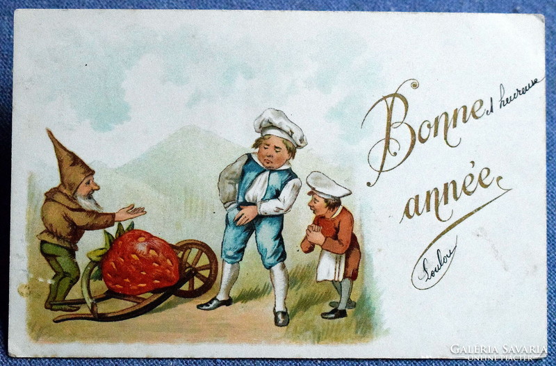 Antik  Újévi üdvözlő litho képeslap törpe törpeszakácsok és a haaatalmaas eper 1900ból