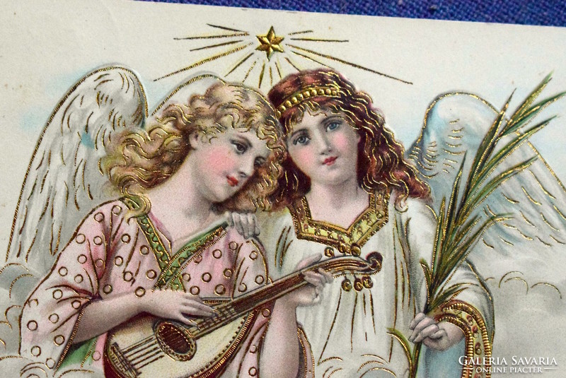 Antique gold-pressed Christmas greeting card - singing angels from 1905