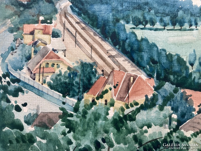 Szabó Miklós (1914-1995): Balaton, Balatonalmádi látképe a vasútállomással, szocreál akvarell, 1950